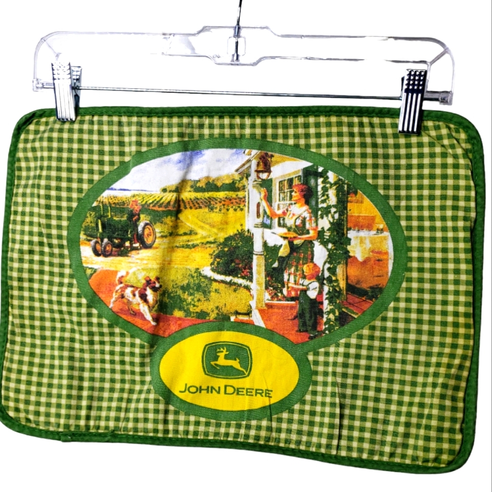 Vtg  Gingham and John Deere 4 Fabric Place Matts Family Scene Tractor Dog Kids
